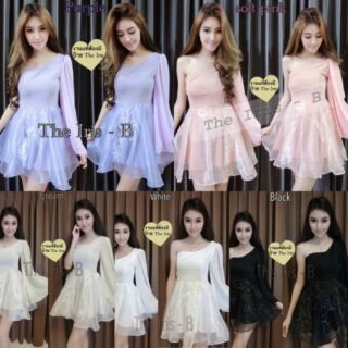 Mini dress เดรสออกงานสีพาสเทล แขนเดี่ยว แต่งระบาย น่ารักๆ