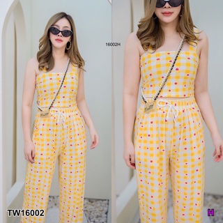 TW16002 Set #สาวอวบ เสื้อสายเดี่ยว กับกางเกงขายาว เอวสม็อก มีกระเป๋าล้วง 2 ข้าง เนื้อผ้าity พิมพ์ลายสก็อต เนื้อหนา