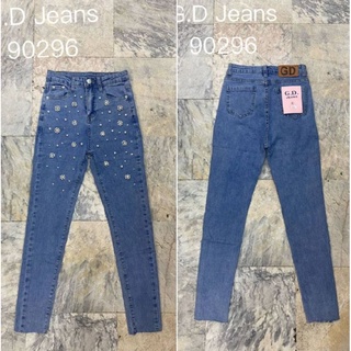 G.D.Jeans รุ่น 90296#กางเกงยีนส์แฟชั่นขายาวผ้ายืดเอวสูงทรงเดฟสียีนส์ฟ้าแต่งมุกหน้าแบบน่ารัก