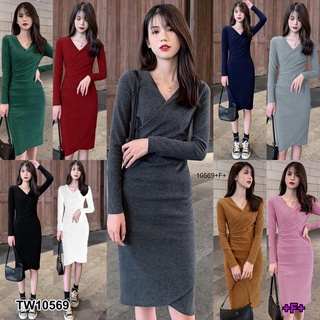 J10569 Dress เดรส คอวีไขว้ แขนยาว V-neck crossover long sleeves