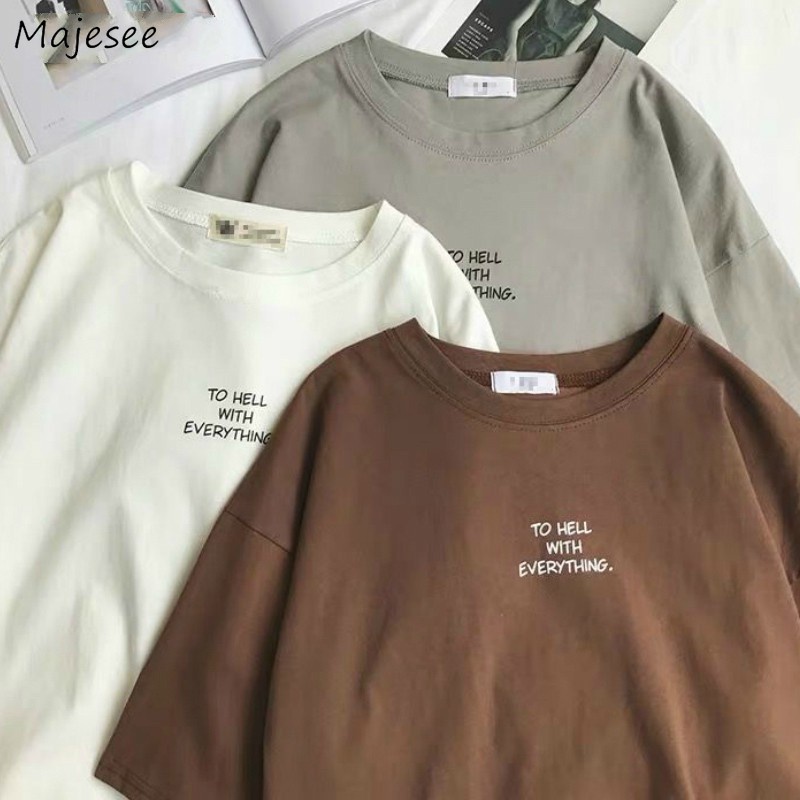【Polyester】เสื้อยืดลําลอง แขนสั้น พิมพ์ลายตัวอักษร เรียบง่าย สไตล์เกาหลี สําหรับผู้หญิง