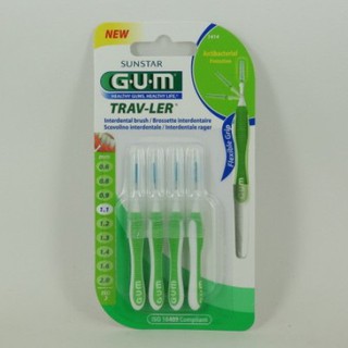 GUM แปรงซอกฟัน พกพา [1.1MM] 4ด้าม ทรงกระบอกเล็ก(เขียว)