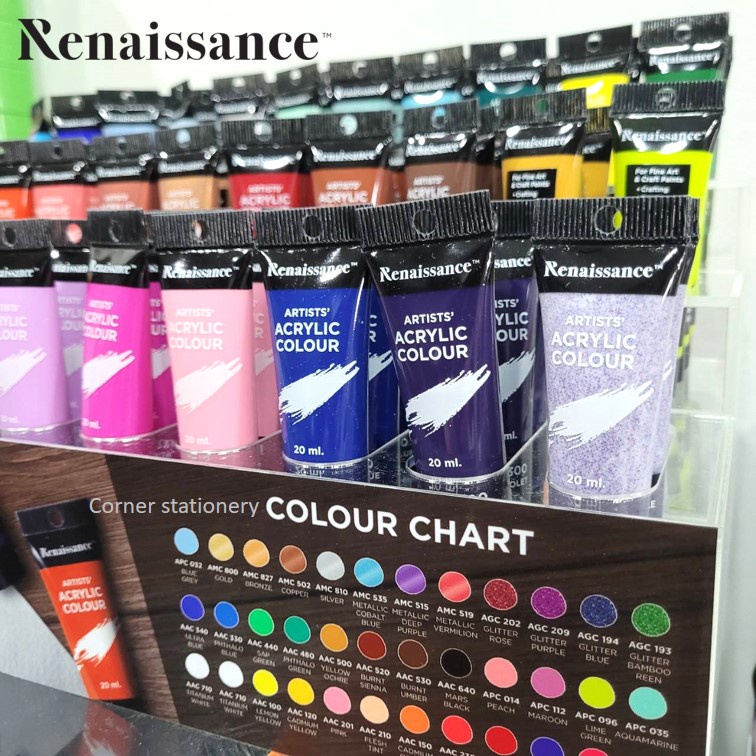 สีอะคริลิค renaissance 20 มล.แบบหลอดพลาสติก กันน้ำ ตราเรนาซองส์ มีหลายเฉดสี Metallic และ กากเพชร Glitter acrylic colour