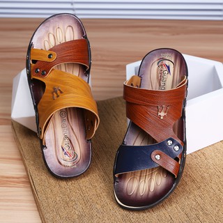 Personality Leather Dual-use Sandals รองเท้าแตะลำลองสไตล์เกาหลีสำหรับผู้ชาย outdoors slippers casual sandals