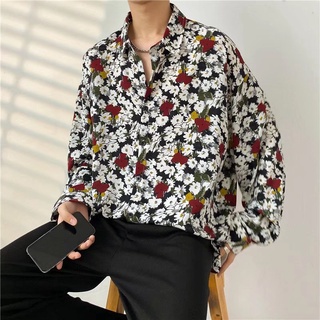 Shirt【M-3Xl】เสื้อเชิ้ตแขนยาวลายดอกไม้ทรงหลวมสไตล์เกาหลีสําหรับผู้ชาย