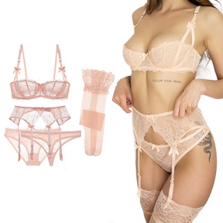 Dropshipping varsbaby new sexy lace underwear set plus size half cup bra sexy lace 5 piece set bra + garter belt + panties + thong + stockings underwear red/black/pink/white bra set V748BB+N080BB
