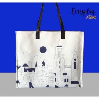 กระเป๋าผ้าแคนวาส หนาพิเศษ สายหนังแท้สีดำ ทรง Sac Shopping Bag size M/L ผ้าแข็งหนา พิมพ์ลายดิจิตอลสุดเก๋