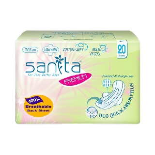 Sanita แซนนิต้า พรีเมี่ยม แม็กซี่ ผ้าอนามัย มีปีก ผิวหน้านุ่ม ความยาว 24.5 ซม. ผิวสัมผัสนุ่ม (20 ชิ้น)