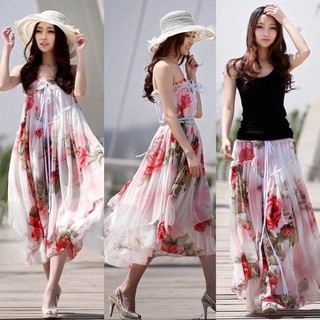 Bohemian White Red Floral Print Long Chifon