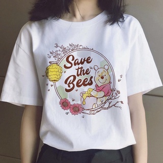 Winnie The Pooh Bear เสื้อยืดลําลองสําหรับสตรีแขนสั้นพิมพ์ลาย Kawaii Ulzzang Grunge เรียบง่ายมีสไตล์