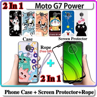 2 IN 1 เคส Moto G7 Power พร้อมกระจกนิรภัยกันรอยหน้าจอโค้ง เซรามิค ลายแมวและโดราเอมอน