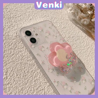 เคสไอโฟน เคส iPhone เคสซิลิโคนแบบใส เคสใสพร้อมที่จับมือถือ Popsocket เคส iPhone ขาตั้ง ทรายดูดของเหลว ดอกไม้ขาตั้งแบบพับ ครอบคลุมเต็มรูปแบบการป้องกันกล้องเคสกันกระแทก ดอกไม้สีชมพู สไตล์เรียบง่ายสำหรับ iPhone 13 Pro Max iPhone 12 iPhone 11 7 Plus