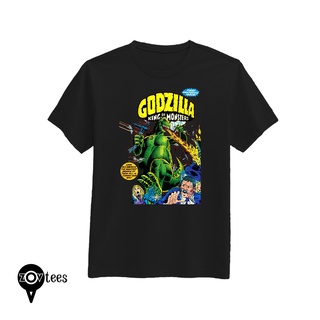 เสื้อยืดคอกลมเสื้อยืด ลายการ์ตูน Godzilla  สีดําผ้าฝ้ายแท้