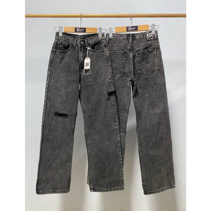 [Code:L9E6B ลด25.-] Tan Jeans [พร้อมส่ง] กางเกงยีนส์ขาวยาวกระบอกดำสโนว์เเต่งขาด