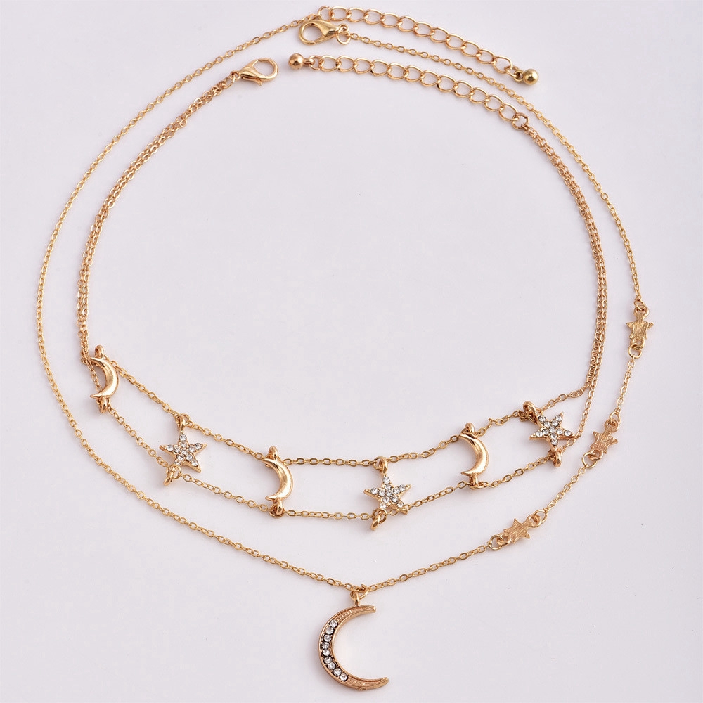 Multi layer Gold Chain Choker Crystal Women Star Moon Pendant Necklace Jewelry L