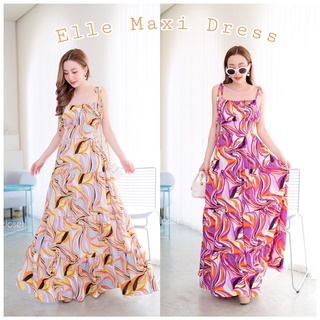 ELLE MAXI DRESS เดรสตัวยาว ผ้าไหมอิตาลีผ้าพริ้ว ลายกราฟฟิก สดใส ดีไซส์ผูกไหล่