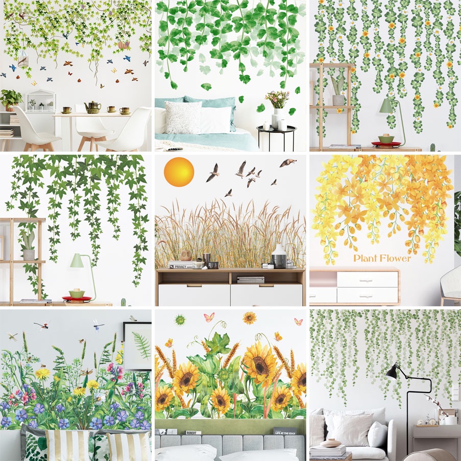 HJ267 สติ๊กเกอร์ติดผนัง PVC ตกแต่งพืชสีเขียวใหม่