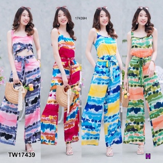 B17439 Set 2 ชิ้น เสื้อแขนกุด มัดย้อม + กางเกงขายาว ผูกโบว์เอว Set of 2 pieces, sleeveless shirt, tie-dye + long pants,