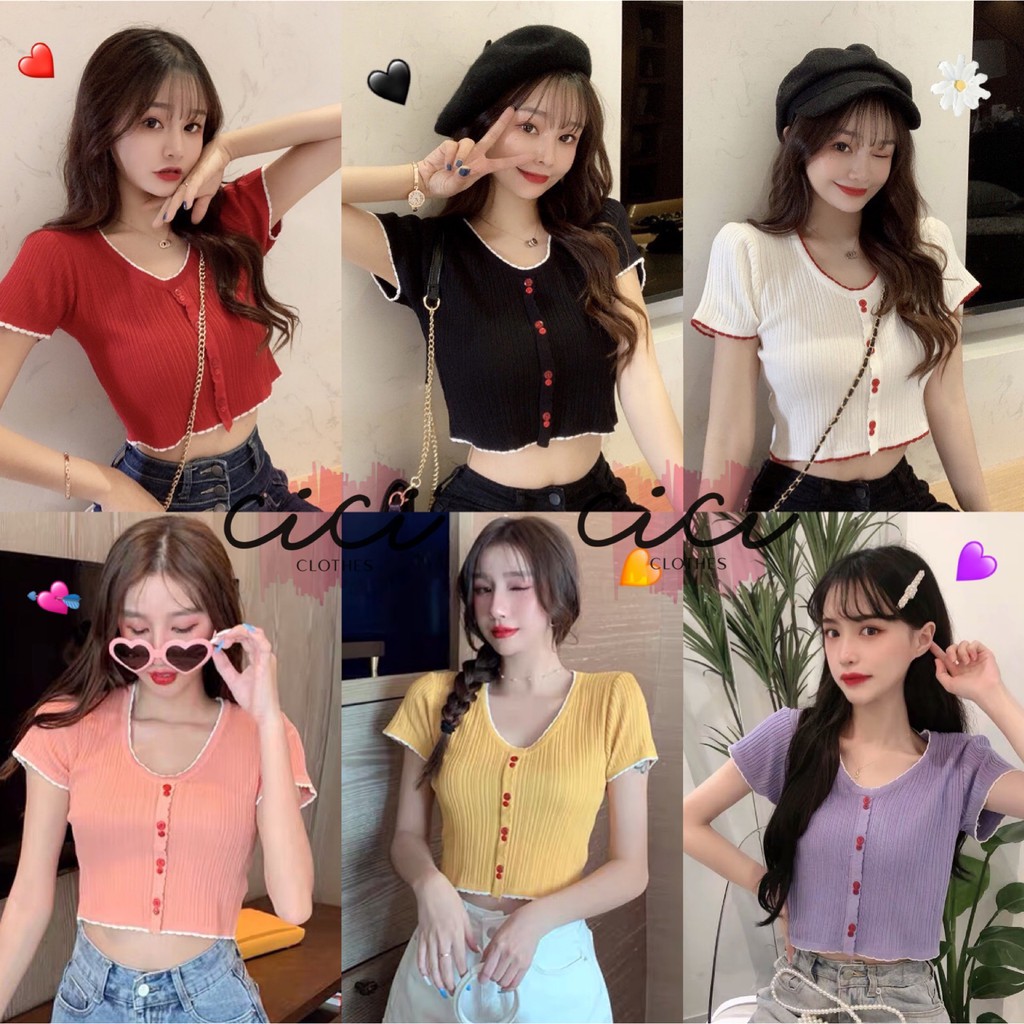 ส่งทันที Cici(พร้อมส่ง)เสื้อไหมพรมครอปแขนสั้น คอวี กระดุมหน้า(2180)