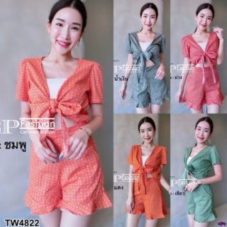 ชุดเซ็ทเสื้อผูกโบหน้า+กก.สั้นลายไทย