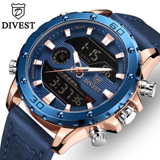 DIVEST แบรนด์แฟชั่นสุดหรู LED นาฬิกาดิจิตอล Mens Chrono Sport Casual สายหนังควอตซ์กันน้ำนาฬิกาผู้ชาย