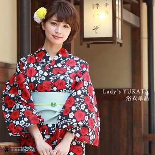 【Kyoto Kimono Kyokomati】ชุดยูกาตะแบบดั้งเดิมสำหรับสุภาพสตรี ลายดอกบ๊วย สีดำ Size S/M