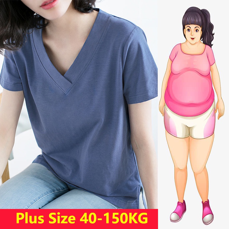 【Plus Size】เสื้อยืดคอวี แขนสั้น ทรงหลวม โอเวอร์ไซซ์ 40-150 กก. สําหรับผู้หญิง C8134