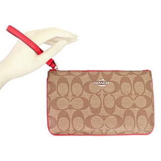 ของแท้ COACH F58695 LARGE WRISTLET IN SIGNATURE  SV/KHAKI ORANGE RED กระเป๋าสตางค์ คล้องมือ กากี ส้มแดง