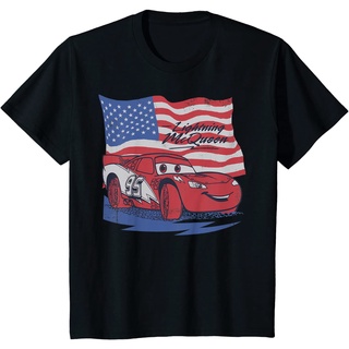 เสื้อยืดผ้าฝ้ายพรีเมี่ยม เสื้อยืด พิมพ์ลาย Disney Pixar Cars US Flag Lightning McQueen สไตล์เรโทร