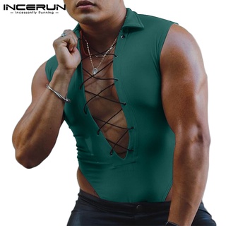 INCERUN Men Leisure Sleeveless Lace Up Turn-down Collar Short Jumpsuits