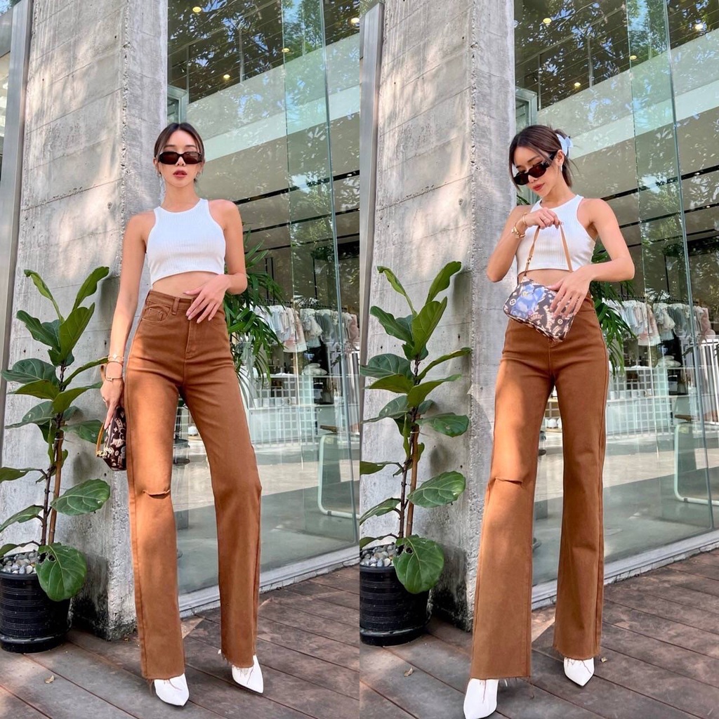 Promthong Jeans กางเกงยีนส์ขายาวทรงขาบานเล็ก แต่งขาดเข่าเบาๆสุดชิค ...