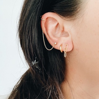 Minimal Ear Cuff With Attached Chain, 18K Gold Plated Sterling Silver Earrings E0118 | เงินแท้ 925 ชุบทองเเท้ 18 กะรัต