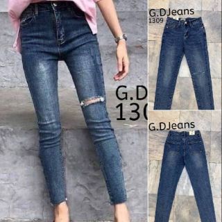 G.D.Jeans รุ่น 1309#กางเกงยีนส์แฟชั่นขายาวผ้ายืดทรงเดฟแต่งขาด