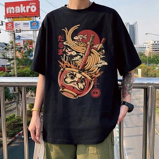 เสื้อยืดโอเวอร์ไซส์เสื้อยืดแขนสั้น พิมพ์ลายการ์ตูนอนิเมะ HenSeWTs Shop Daruma&amp; Ramen Fight Kaiju แฟชั่นฤดูร้อน สไตล์ฮิป