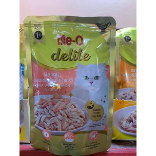 Me-O Delite อาหารเปียก สำหรับแมว รส ปลาทูน่า ผสมเเซลมอนในน้ำเกรวี่ขนาด 70g.(x1 ซอง)