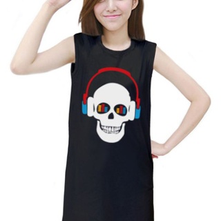 เสื้อยืดแฟชั่น ตัวยาว / แซกสั้น แขนกุด ผ้านุ่ม ลาย Skull I (สีดำ)