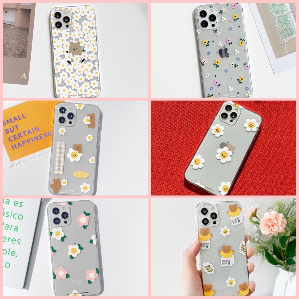 🇰🇷【 Korean Phone Case For Compatible for iPhone, Samsung 】Flower Pattern Slim Clear Jelly Protective Cute Hand Made MOMO Unique Galaxy 22 22Ultra 22+ 8 xs xr 11pro 11 12 12pro 13 13Pro mini Korea Made
