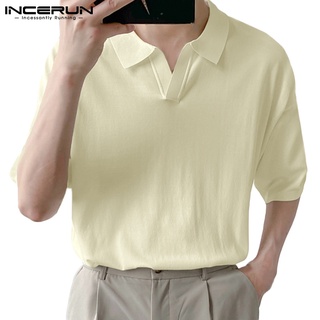 Incerun เสื้อโปโล แขนสั้น คอปก เปิดลง แฟชั่นสําหรับผู้ชาย 4 สี