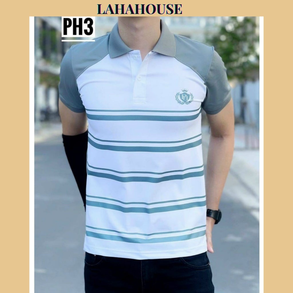 เสื้อยืดโปโลผู้ชายพิมพ์ลายทางคุณภาพสูง คอปกเปิดลง หรูหรา นุ่ม โปร่ง อ่อนเยาว์ - PLMS03 - Pack Horse 