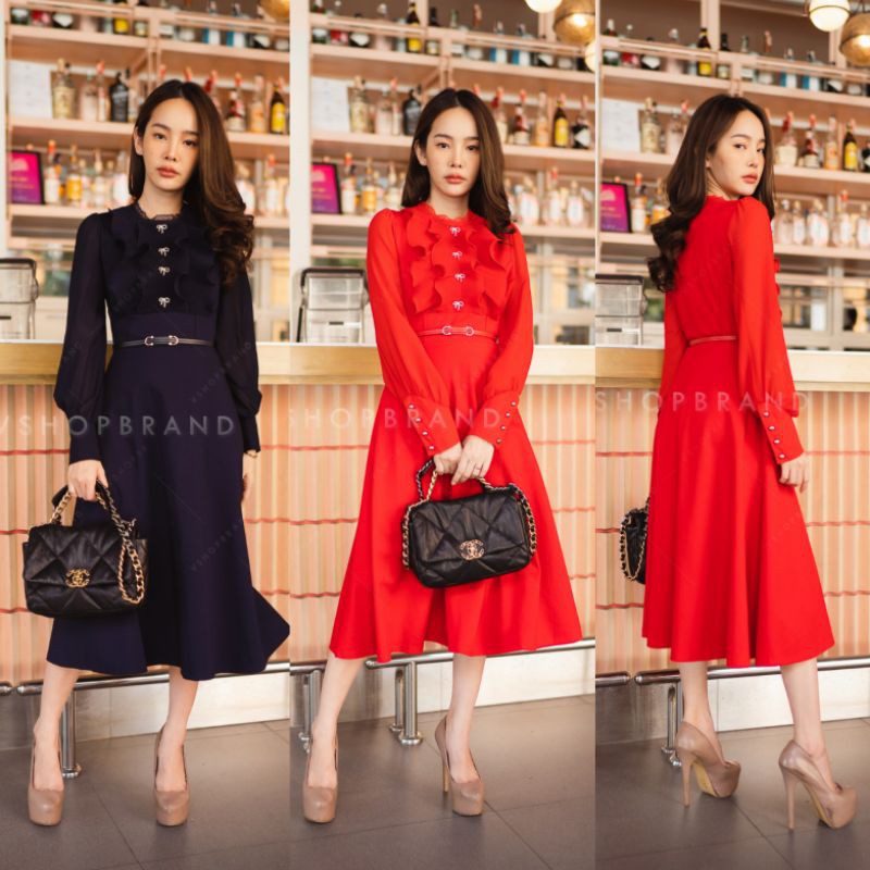 🏷️ Vshopbrand #9611 เดรสยาวแต่งระบายอก เดรสพลีท ชุดทำงาน ชุดออกงาน เรียบหรู