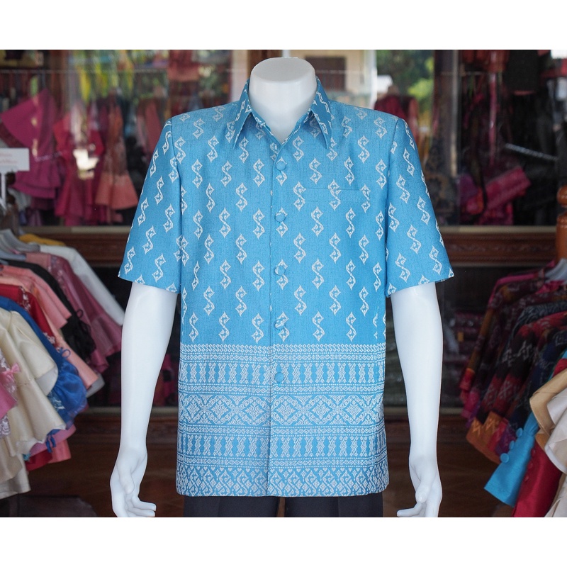 เสื้อสูทผ้าฝ้ายลายขอ สีฟ้า