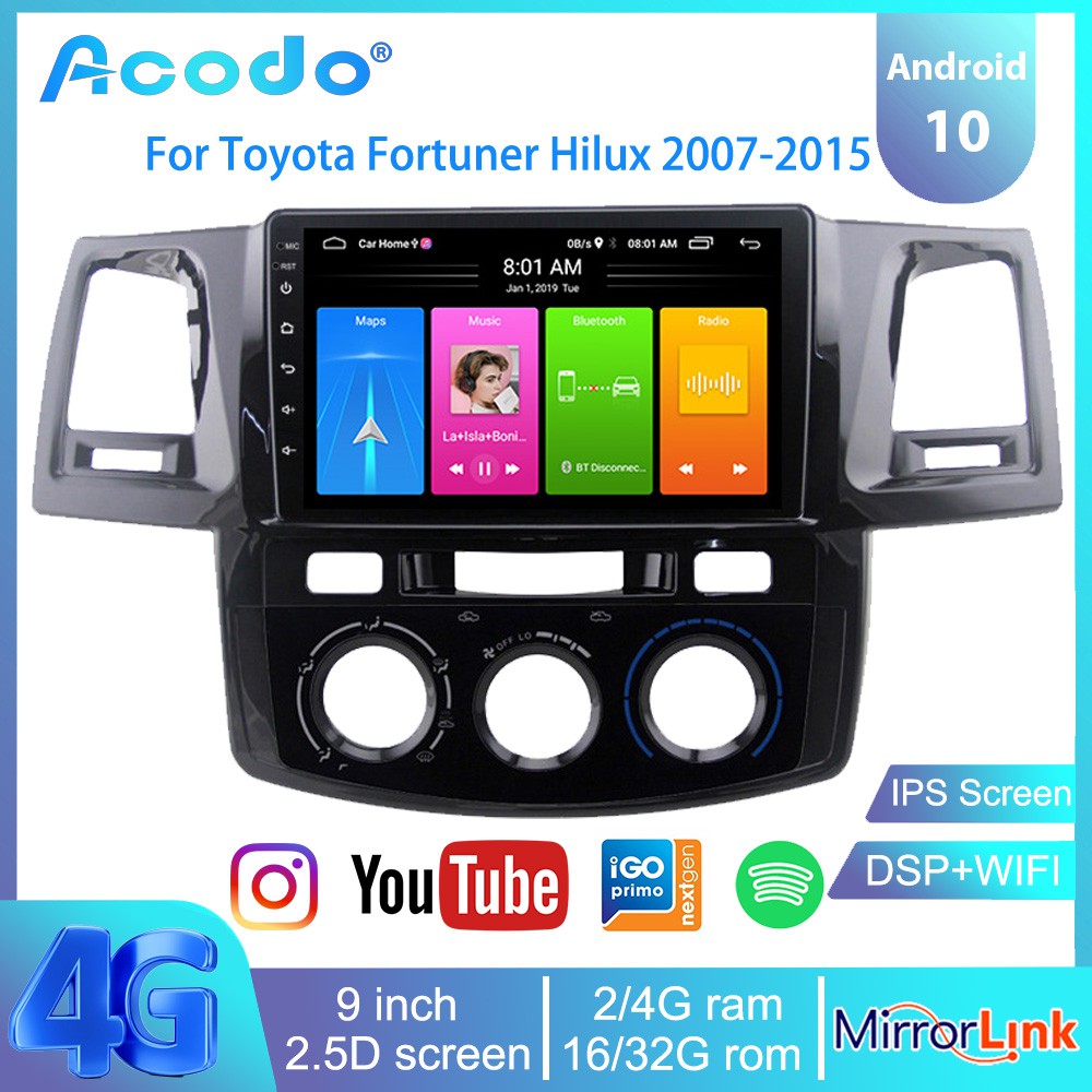 เครื่องเล่นมัลติมีเดีย หน้าจอสัมผัส 32G ROM Android 12.0 IPS สําหรับ Toyota Fortuner Hilux Revo Wigo 2007-2015 Navigation 2 Din พร้อม FM GPS บลูทูธ 4.0