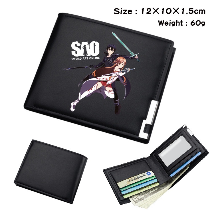 กระเป๋าสตางค์ หนัง PU ใบสั้น แบบพับได้ ลายการ์ตูนอนิเมะ Sword Art Online ใส่เหรียญได้ สําหรับนักเรียน
