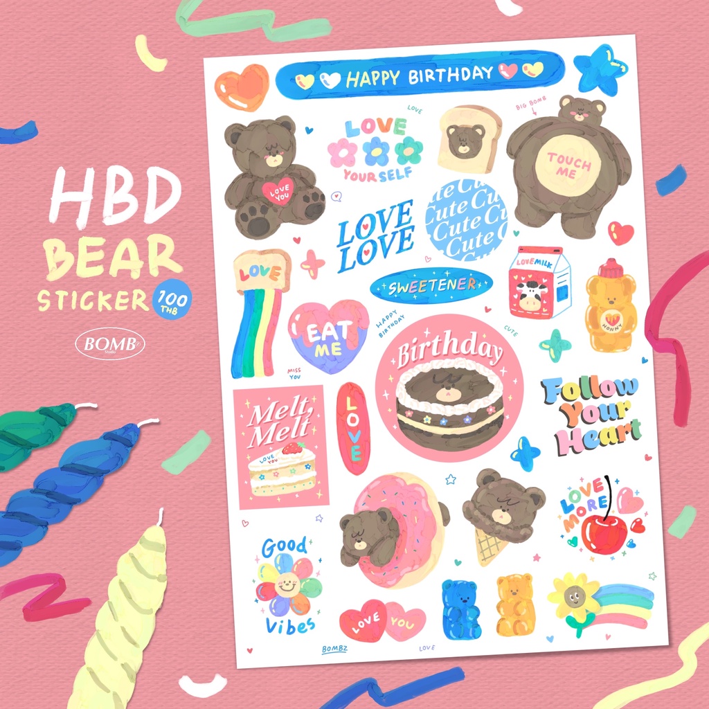 HBD bear sticker (Size A5)