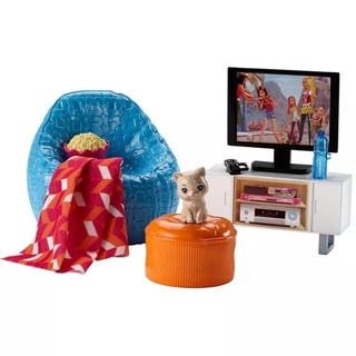 Barbie® Movie Night &amp; Kitten Playset อุปกรณ์ชุดห้องนั่งเล่น babyshopy