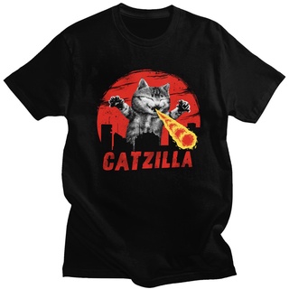 เสื้อยืดคอกลมKawaii Catzilla เสื้อยืดลําลอง ผ้าฝ้าย 100% แขนสั้น พิมพ์ลายแมว นกฟลามิง แมว มอนสเตอร์ ของขวัญ สําหรับผู้ชา