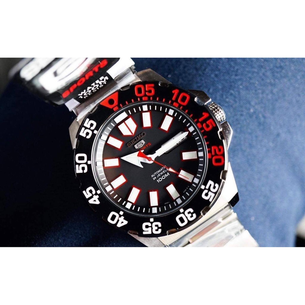 นาฬิกาข้อมือ Seiko Men 5 Sports MIni Monster Automatic Black Dial Men's Watch หน้าปัด 44 mm สีดำแดง !!!ส่งฟรี EMS!!!