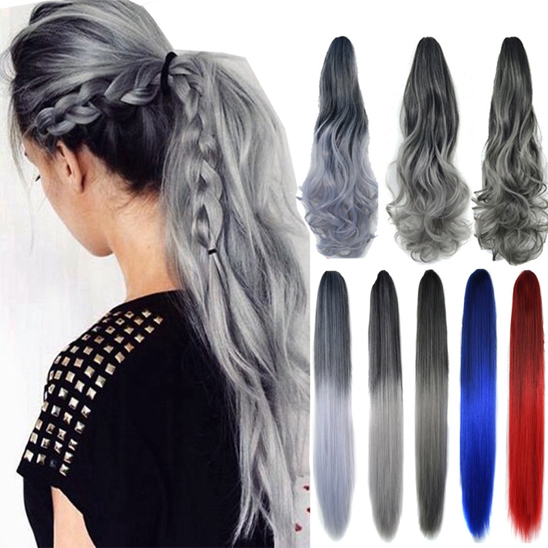 พร้อมส่ง กิ๊บติดผมหางม้าปลอม ยาว 22 นิ้ว สีเทา สีฟ้า สีแดง