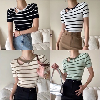 Ey_shop688พร้อมส่ง✨2258/BB#เสื้อแฟชั่นคอกลมแขนสั้น #เสื้อผ้าไหมพรมลายทางผ้ายืดได้มีหลายสี💕