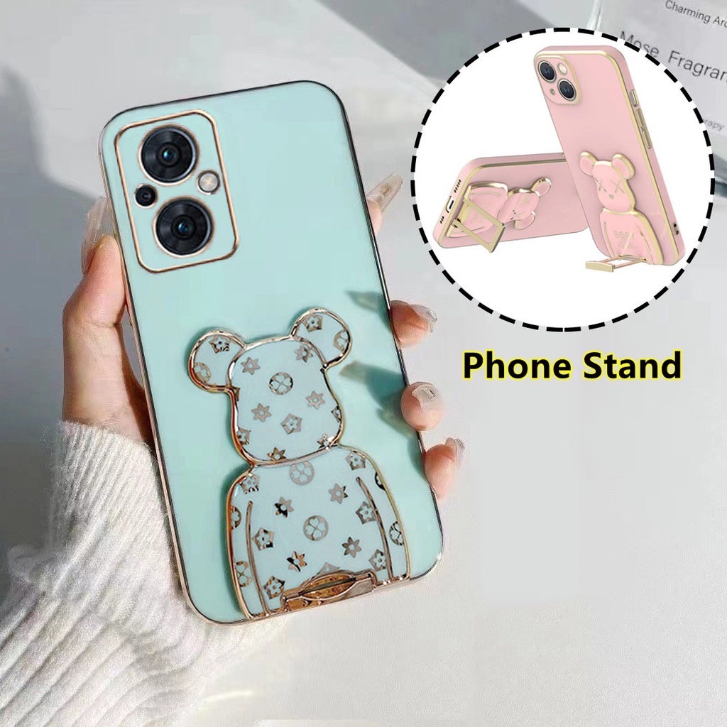 เคส OPPO Reno 7Z 8Z 6 5G เคส OPPO Reno8 Pro 5G เคส OPPO Reno5 Reno6Z Reno7 Pro 5G เคส โทรศัพท์ซิลิโคนอ่อนนุ่มชุบ Ultra Slim พร้อมขาตั้งหมีรุนแรงฝาหลังป้องกัน OPPO Reno 7 Z 5G เคสโทรศัพท์